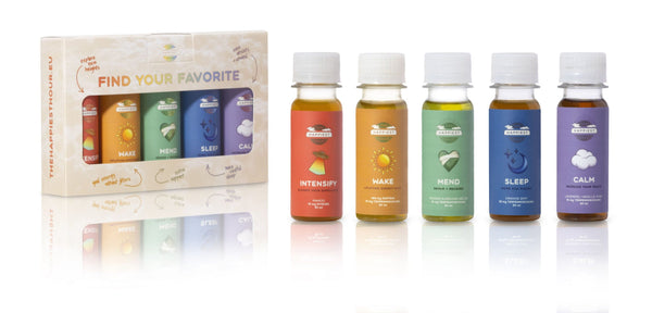 The Happiest Hour Find Your Favorite Set: fünf Shots, Intensify, Wake, Mend, Sleep und Calm, neben ihrer Verpackung