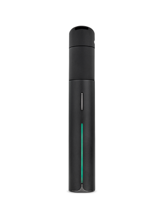 Puffco Pivot in Onyx black, front view standing upright with green LED status light on