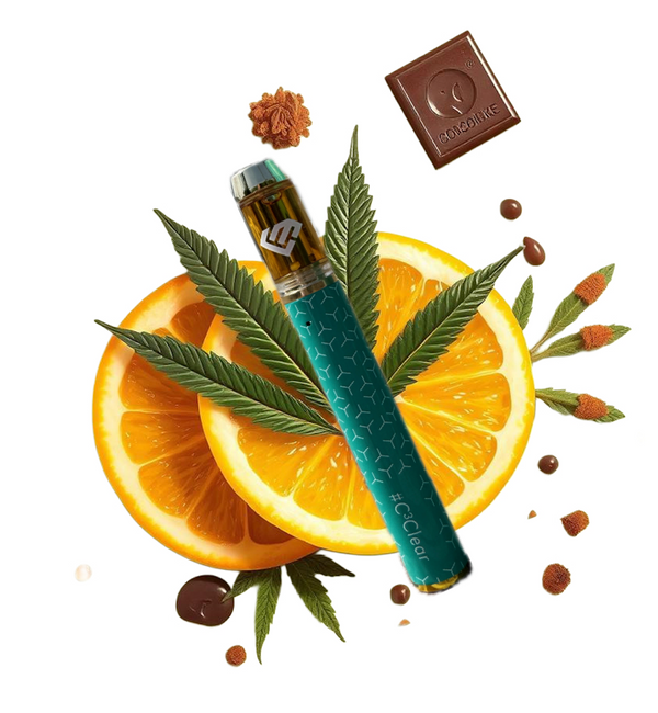 Elektra C3 Clear CBD-Vape-Pen in Petrol, mit Orangenscheiben, Schokolade und Hanfblättern