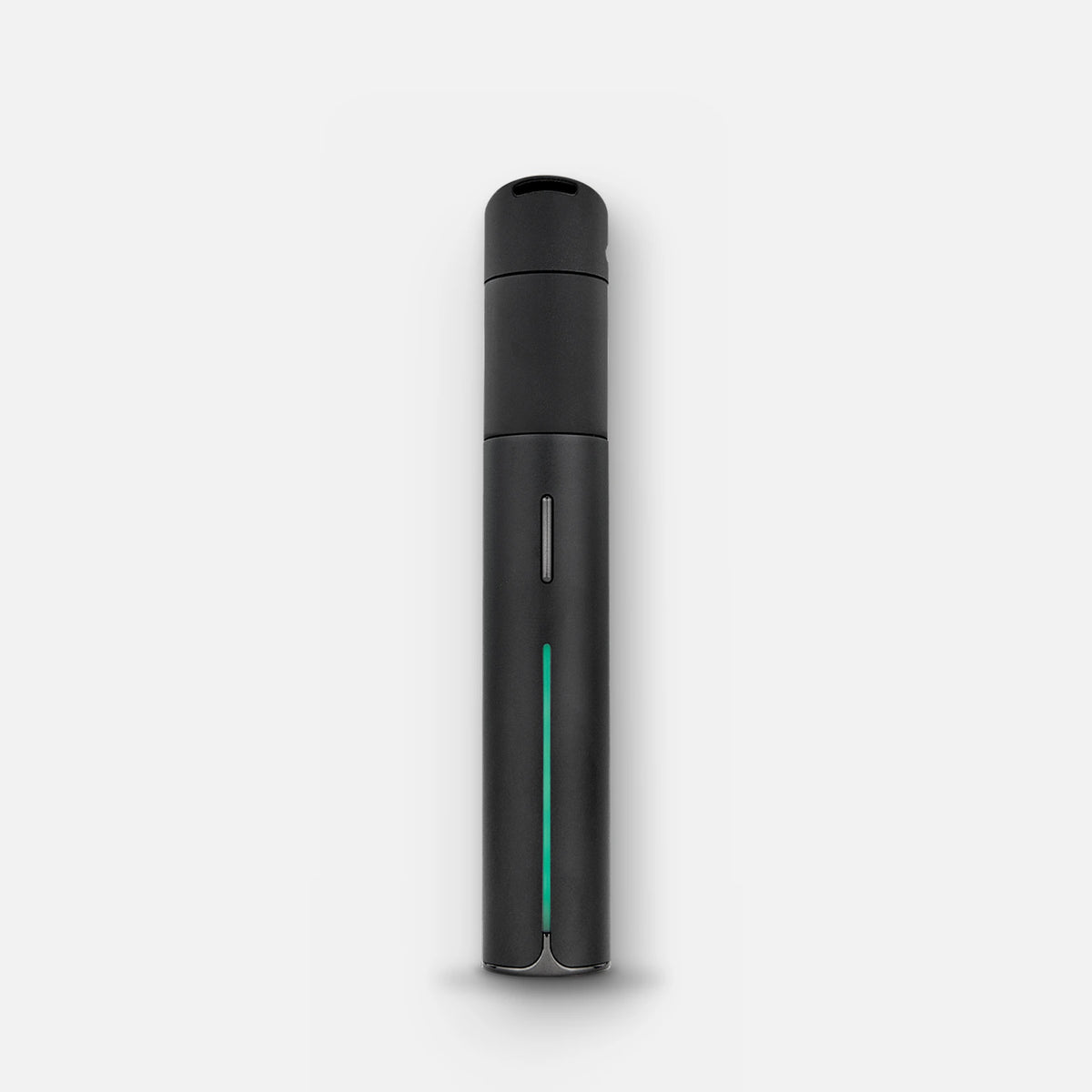 Puffco Pivot in Onyx black, front view, green LED status light on
