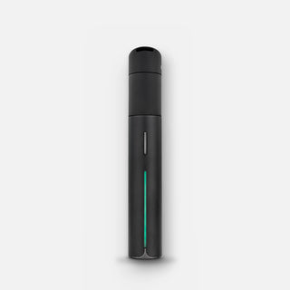 Puffco Pivot in Onyx black, front view, green LED status light on